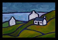 painting of Irish landscape with 3 cottages and fields of green