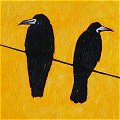 Painting of 2 rooks on a wire against a yellow sky
