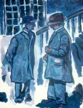 painting mostly in blues of racehorse trainer Vincent O'Brien in conversation
